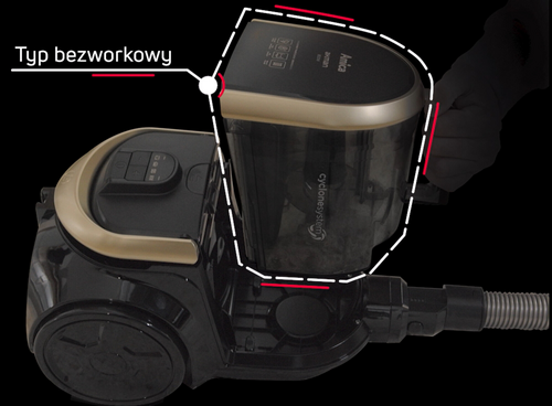 Odkurzacz Amica - typ bezworkowy; wizualizacja łatwości wyjmowania pojemnika z odkurzacza