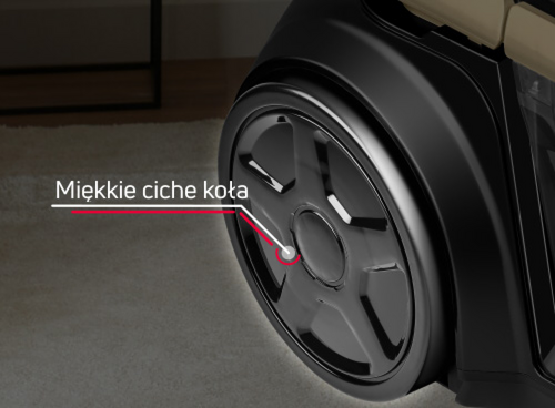 Zbliżenie na koło odkurzacza, które jest wyściełane miękkim tworzywem minimalizującym hałas