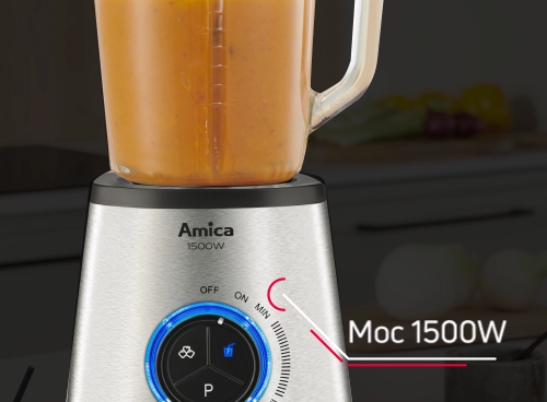 Blender kielichowy Amica o mocy 1500 W, srebrna podstawa z podświetlanym na niebiesko pokrętłem sterującym