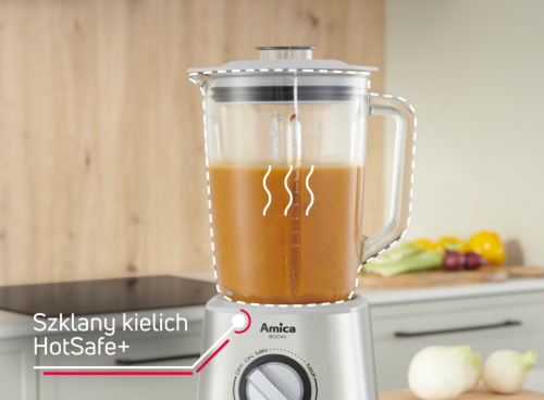Blender Amica z szklanym kielichem HotSafe+; zupa w środku