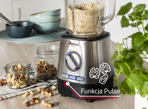 Blender Amica z kielichem pełnym rozdrobnionych orzechów, podświetlone pokrętło z funkcją Pulse