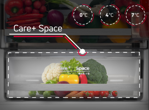 Zbliżenie na szufladę lodówki Amica i jej funkcję Care+ Space