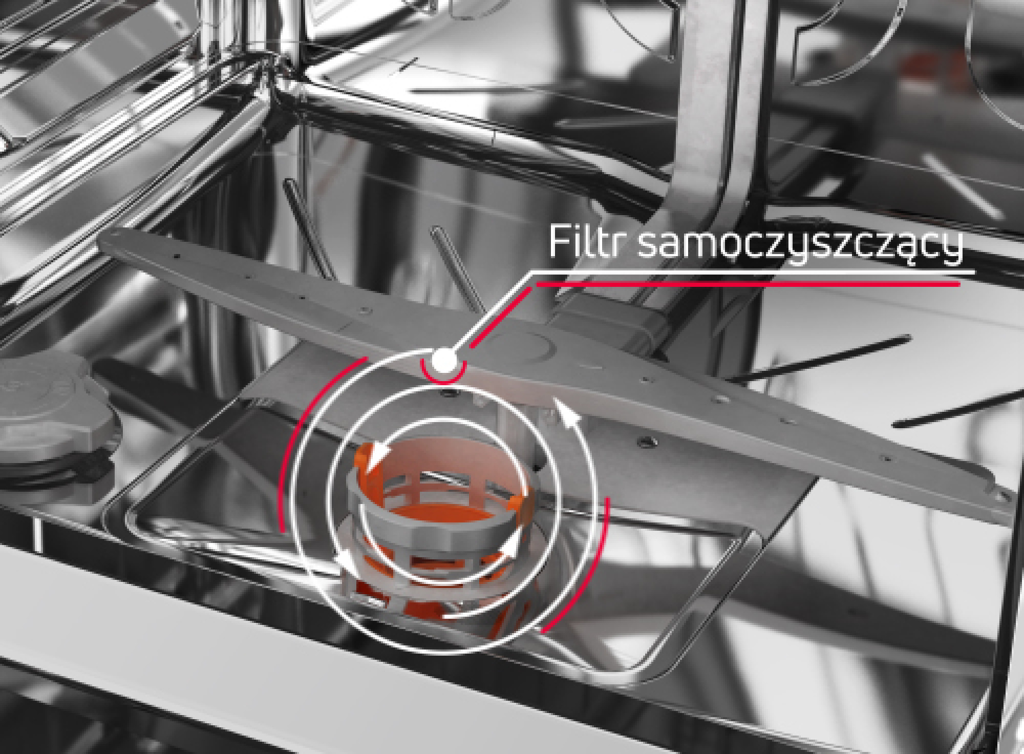 Zbliżenie na filtr samoczyszczący, który znajduje się wewnątrz zmywarki Amica