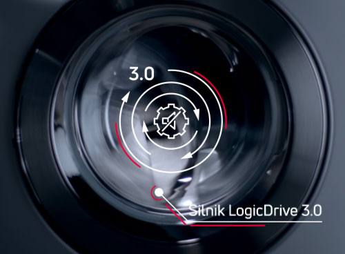 Urządzenie Amica; kręcący się bęben pralki; napis Silnik LogicDrive 3.0