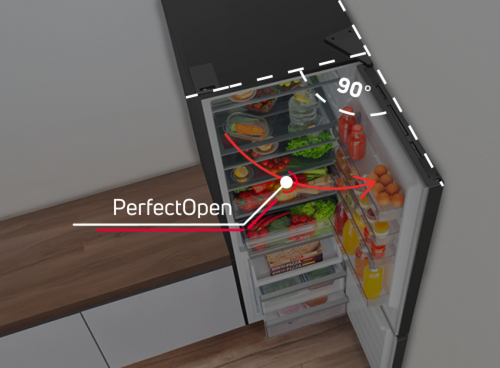 Drzwi lodówki otwarte pod kątem, widoczne półki z produktami spożywczymi i napojami; napis PerfectOpen oraz 90°