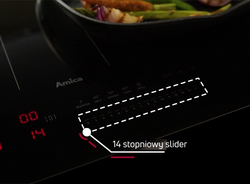 Zbliżenie na panel sterowanie urządzeniem Amica; 14 stopniowa skala slidera