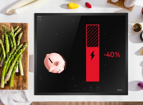 Płyta indukcyjna Amica, grafika słupka energii i napis ‑40% symbolizujący oszczędność