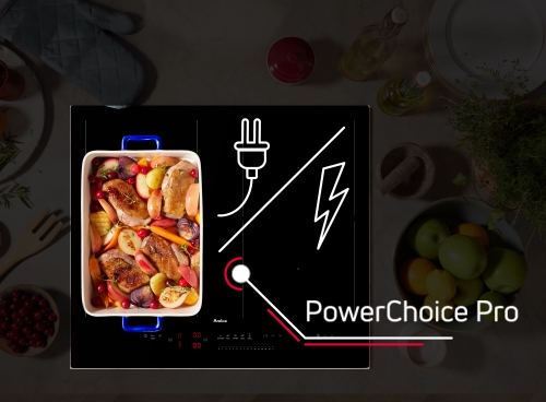 Płyta indukcyjna Amica z funkcją PowerChoice Pro, garnek na polu i ikony wtyczki oraz błyskawicy