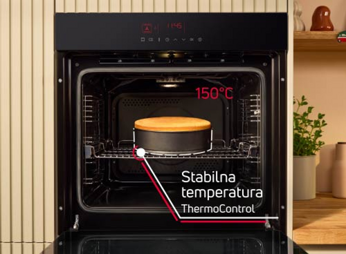 Zbliżenie na komorę piekarnika Amica - wskazanie funkcji ThermoControl – stabilna temperatura