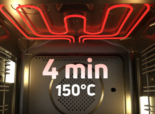 Wnętrze piekarnika z widoczną rozgrzaną grzałką i napisem: 4 min 150°C informującym o szybkim nagrzewaniu urządzenia