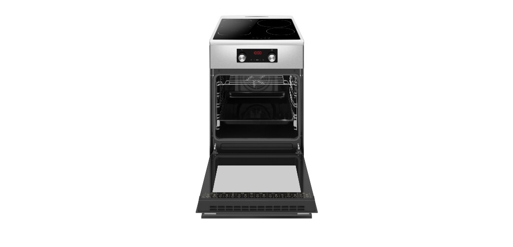 Czarno-srebrna kuchnia wolnostojąca indukcyjna 523IES3.336PaHTsDp(XxV) PIZZA STEAM; widok na otwarty piekarnik urządzenia